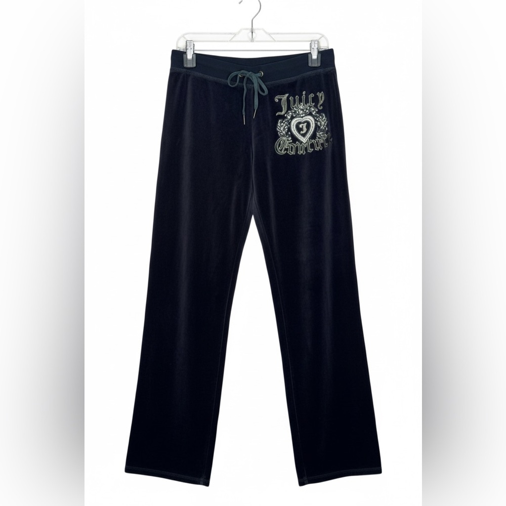 Vintage Juicy Couture Black Velour Y2K Low-Rise Track Pants with Rhinestone Logo